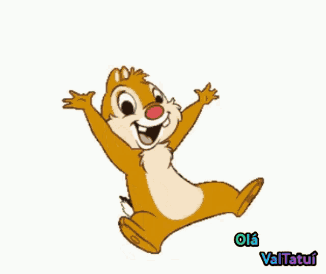 a cartoon chipmunk is jumping in the air with his arms outstretched and says ola valtatui