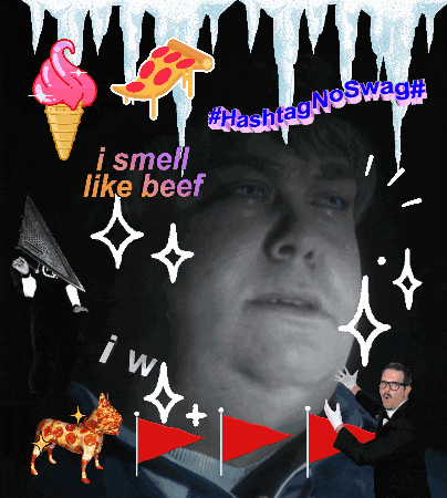 a pixel art of a man with the words i smell like beef on it
