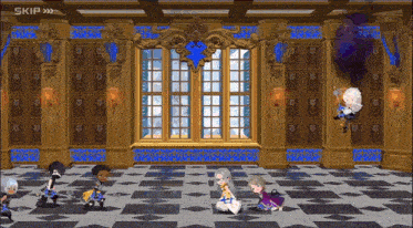 a group of cartoon characters are standing in a room with a large window and a sign that says skip