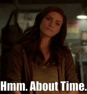 a woman with a serious look on her face is next to the words hmm about time