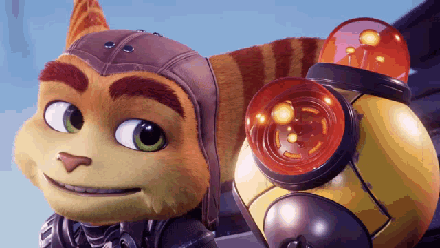 a close up of a cartoon character with a rocket on his back