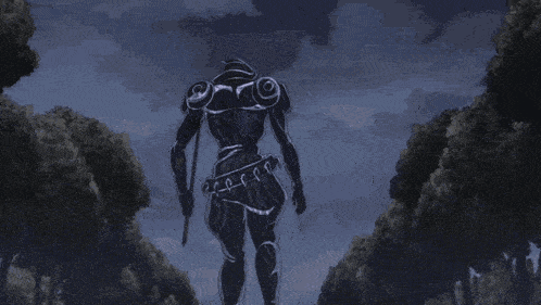 a black and white drawing of a man standing in the middle of a forest holding a gun .