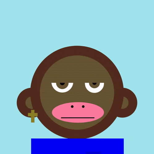 a monkey with a cross earring and a blue box behind it