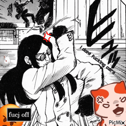 a black and white drawing of a woman hitting a man with the words " i don 't fucking care " on the bottom