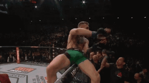 a man is jumping over a fence in a ufc ring .