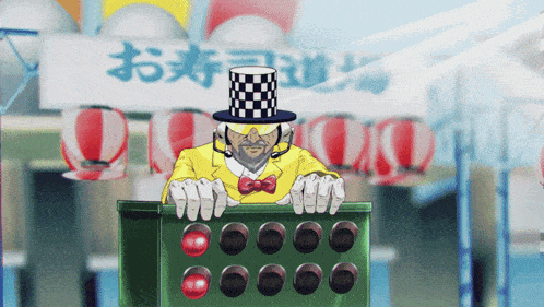 a man in a yellow suit and top hat stands in front of a sign that says " sushi "