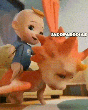 a cartoon baby is riding on the back of a dinosaur with the words jado parodias below it