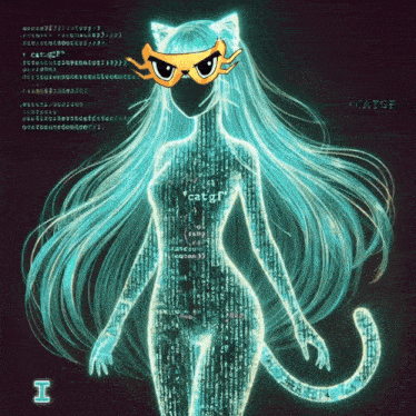 a cat girl with long blue hair and a mask on her face
