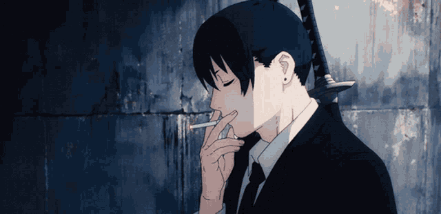 a man smoking a cigarette with a sword behind him