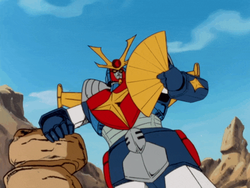 a robot with a yellow shield and a red star on its head