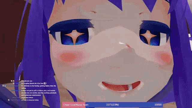 a close up of a girl 's face with a purple hair