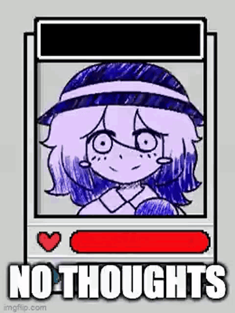 a drawing of a girl wearing a hat with the words `` no thoughts '' written below it .