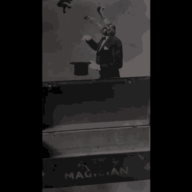 a black and white photo of a rabbit holding a top hat next to the words next subject please