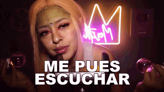a woman with a neon sign that says m on it