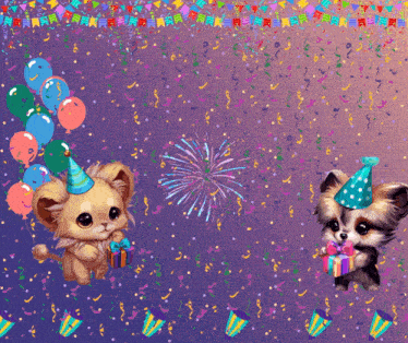 two chihuahuas wearing party hats and holding balloons and gifts
