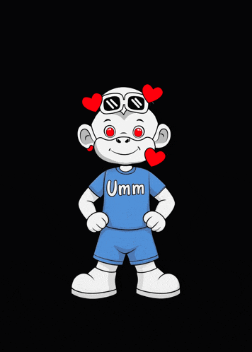 a cartoon character wearing sunglasses and a blue shirt that says umm
