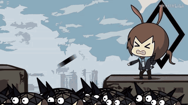 a cartoon of a girl with a bunny ear standing on a ledge with a bunch of birds behind her