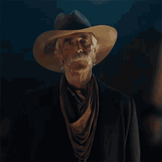 a man wearing a cowboy hat and a scarf says come on