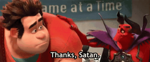 a cartoon character says thanks satan while standing next to another cartoon character .