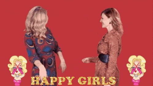 two women are dancing in front of a red background with the words happy girls