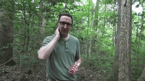 a man in a green shirt talking on a cell phone in the woods