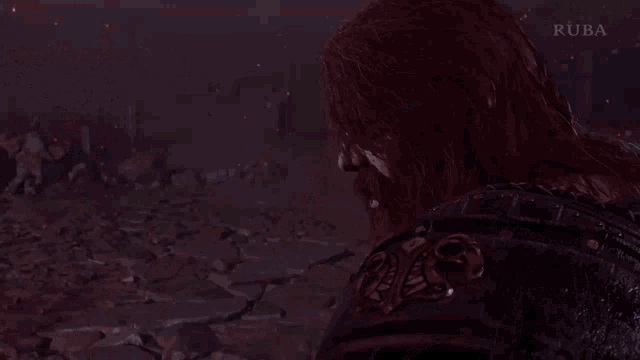 a man with a beard is talking to another man in a video game while wearing a blindfold .