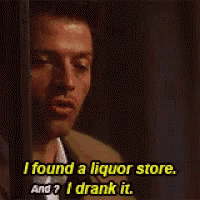 a man in a suit and tie says i found a liquor store and i drank it