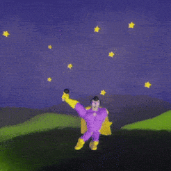 a man in a purple cape is standing in a field with yellow stars in the sky