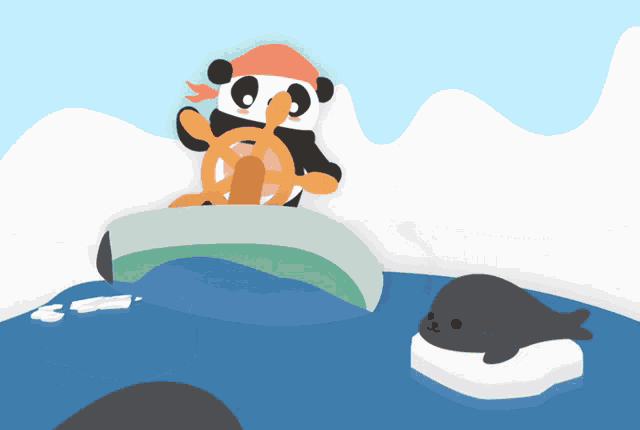 a panda bear wearing a pirate hat is steering a boat in the ocean