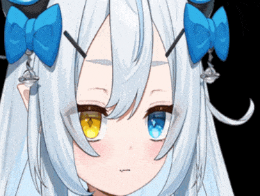 a close up of a girl with white hair and blue bows