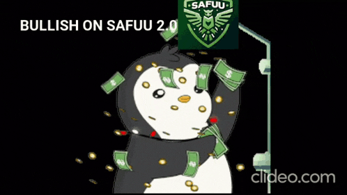 a cartoon of a penguin surrounded by money with the words bullish on safuu 2.0