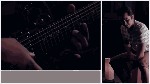 a close up of a person playing a guitar with a white background