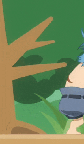 a cartoon character with blue hair and shorts is standing in front of a tree .