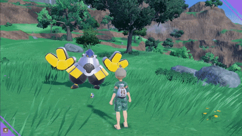 a video game character is standing next to a yellow object