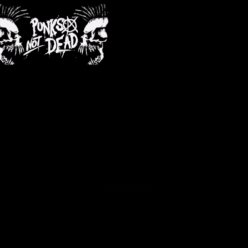 two skulls with mohawks and the words punks not dead on a black background