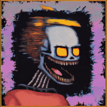 a painting of a skeleton with glowing eyes and teeth