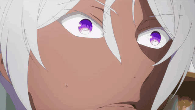 a close up of a person 's face with purple eyes and white hair