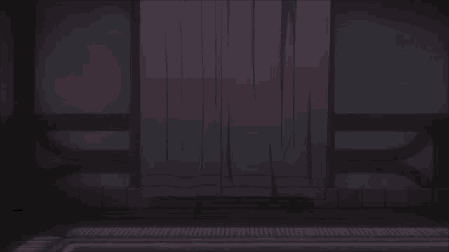 a dark room with a purple curtain and a person standing in the doorway