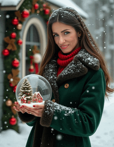 a woman in a green coat is holding a snow globe with a christmas tree and houses in it