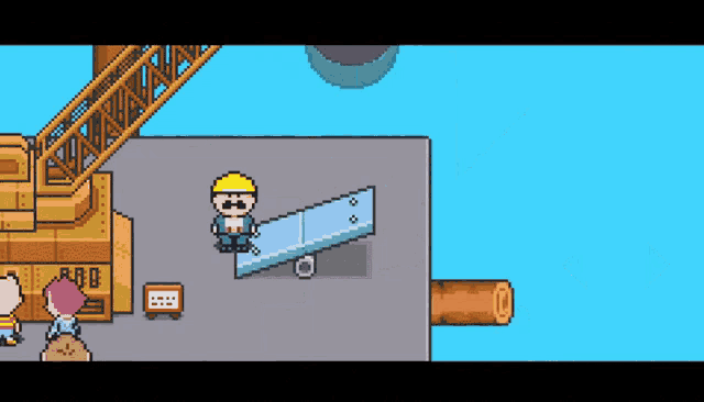 a pixel art drawing of a man carrying a large piece of metal