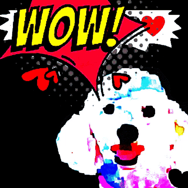 a colorful drawing of a dalmatian dog with the word wow coming out of it