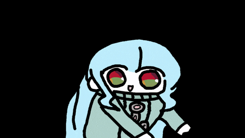 a cartoon drawing of a girl with blue hair and big red eyes