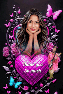 a picture of a woman with a pink heart and the words thank you so much on it