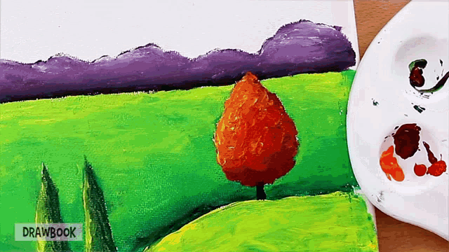 a painting of a tree in a field with drawbook written on the bottom right