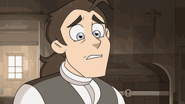 a cartoon drawing of a man with a cross in the background