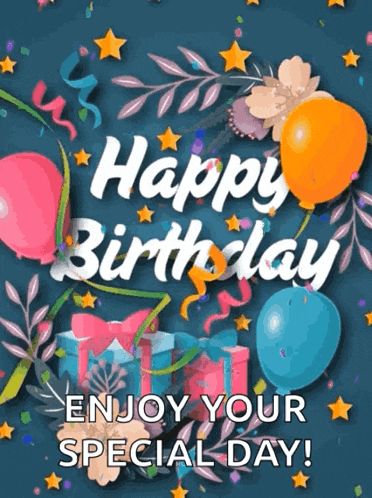 a happy birthday greeting card with balloons and presents