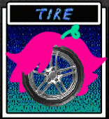 a picture of a tire with a pink silhouette of a person on it