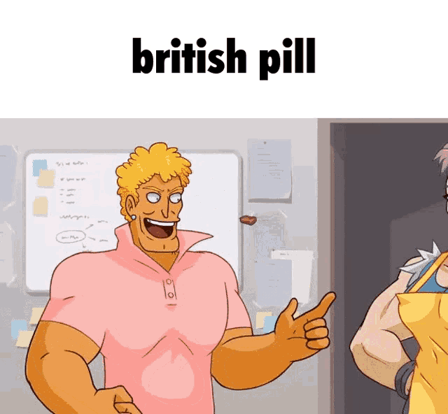 a man in a pink shirt is giving a thumbs up with the words british pill below him