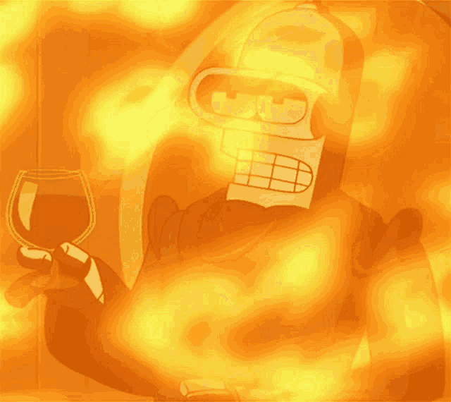 bender from futurama is holding a cup of soup in his hand