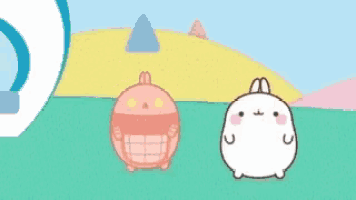 a group of cartoon rabbits are standing next to each other on a grassy field .
